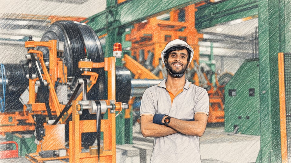 Colour pencil artwork for Ascenso Tyres — OTR Manufacturing Process Film