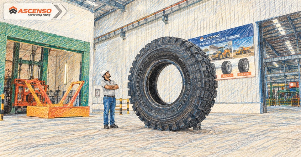 Colour pencil artwork showing Ascenso’s Giant OTR tyre range